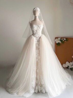 Strapless Ivory Ball Gown Wedding Dress with Floral Embellished Lace